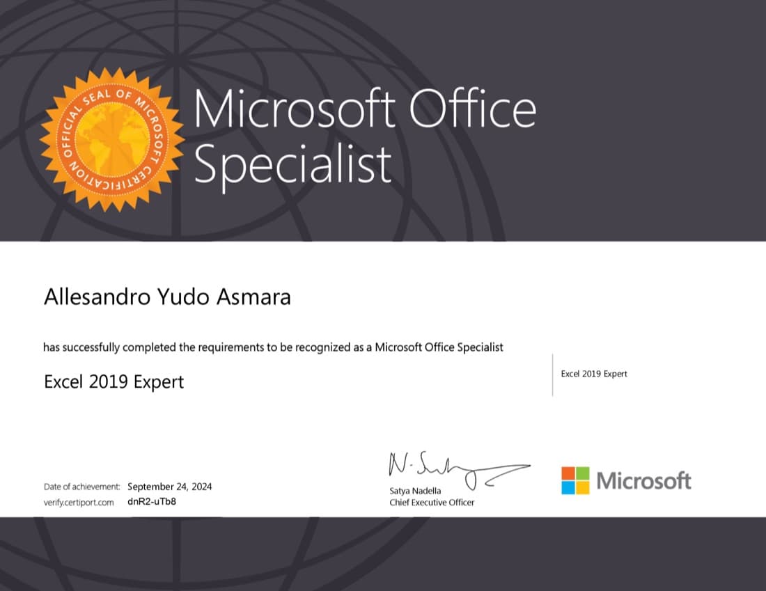 Sertifikat Microsoft Office Specialist Excel 2019 Expert atas nama Allesandro Yudo Asmara